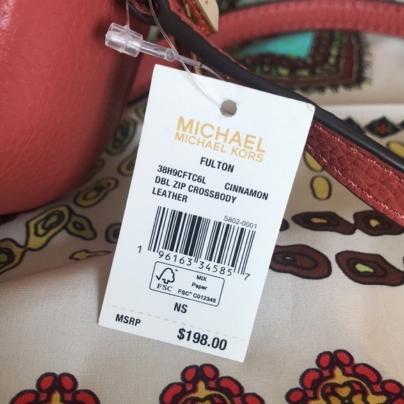 Brand New Michael Kors Genuine Leather Cinnamon Double Zippered Crossbody Purse - Picture 10 of 14